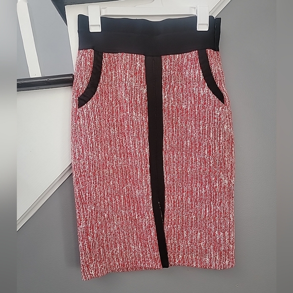 Maje Skirt Womens Medium 42 Jivor Tweed Pencil Midi Red White Pockets - Picture 2 of 5
